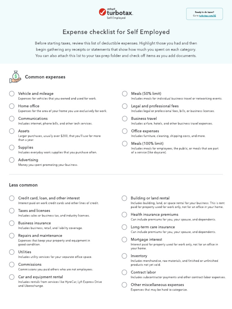 Self-Employed Tax Deduction Checklist | PDF | Expense | Insurance