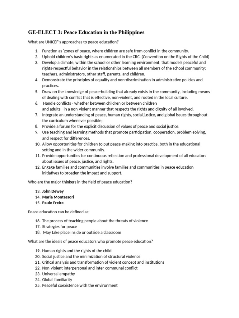 Peace Educ. Prelim Exam Reviwer | PDF | Peace | Social Justice