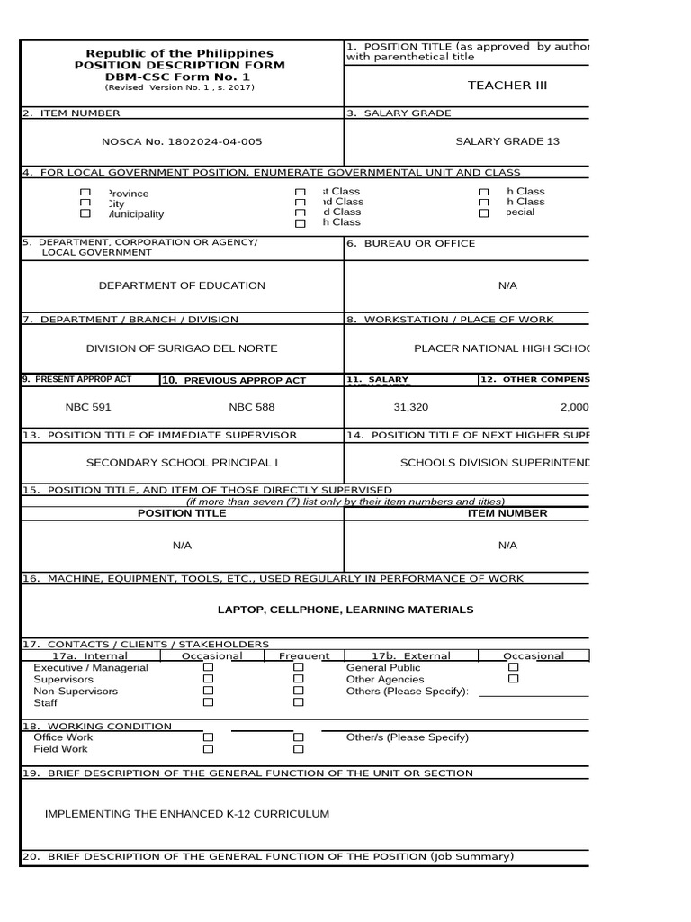 DBM CSC Form No.1 Position Description Form | PDF | Lesson Plan | Learning