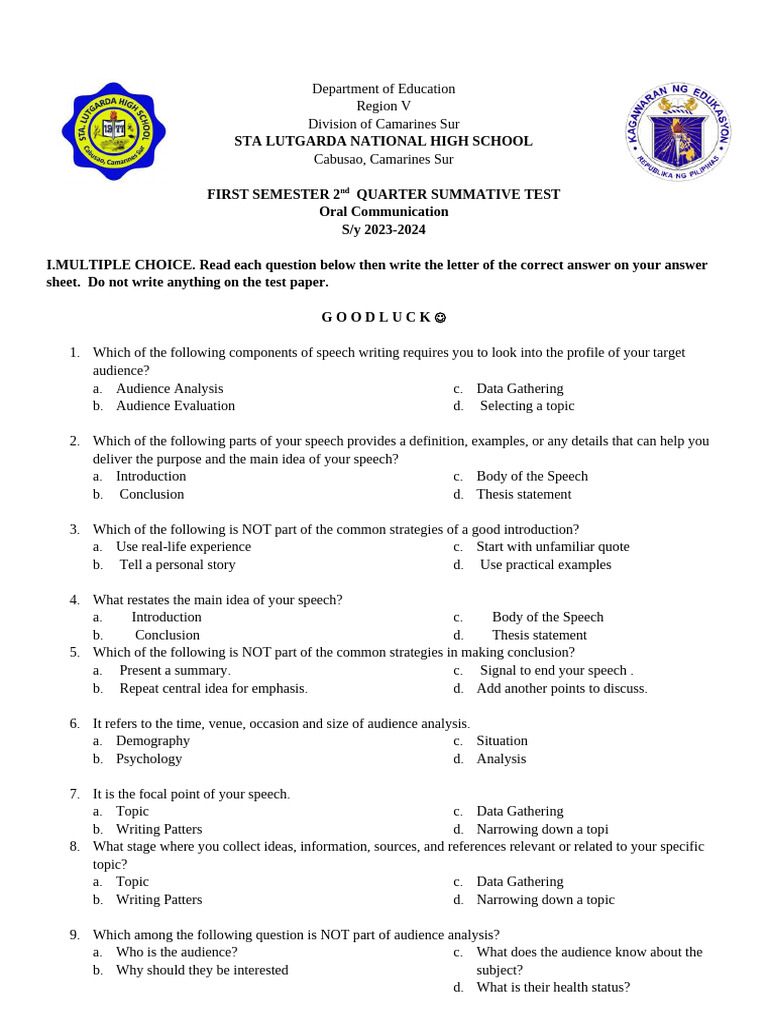 Oral Communication Summative Test 2023 | PDF | Speech | Jargon