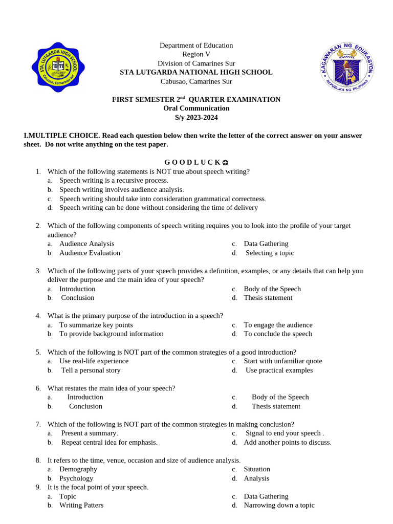 2nd Quarter exam 202324 | PDF | Speech | Human Voice