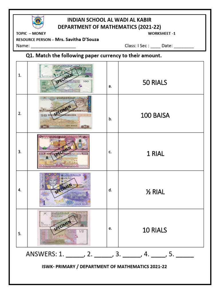 Money Worksheets for Class 1 Students | PDF