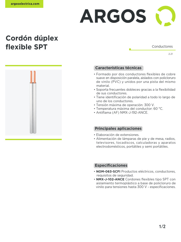 Cordón Dúplex SPT: Especificaciones y Usos | PDF | Electricidad ...