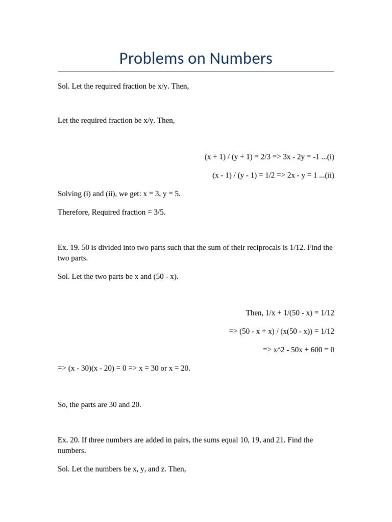 Solving Number Problems and Exercises | PDF | Mathematics | Arithmetic