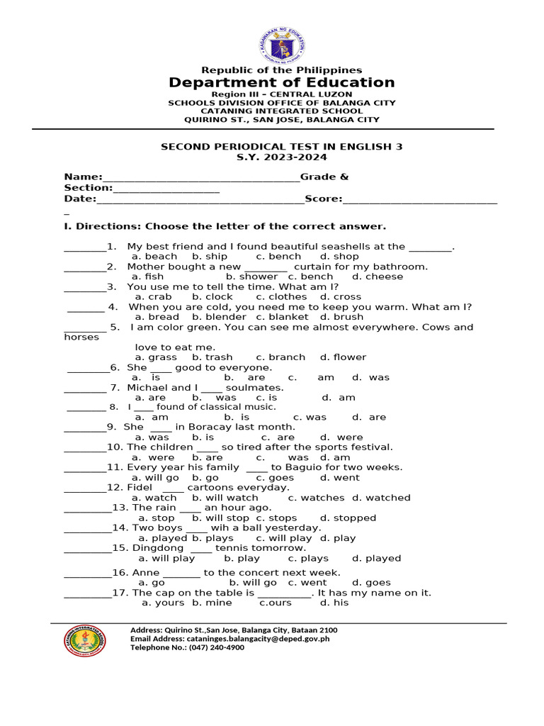 English 3 Second Periodical Test 2023 | PDF | Linguistics