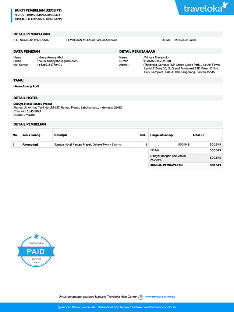 Bukti Pembayaran Suzuya Hotel Rantau Prapat | PDF