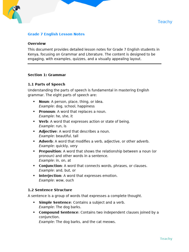 Grade 7 English Grammar and Literature Notes | PDF | Part Of Speech ...