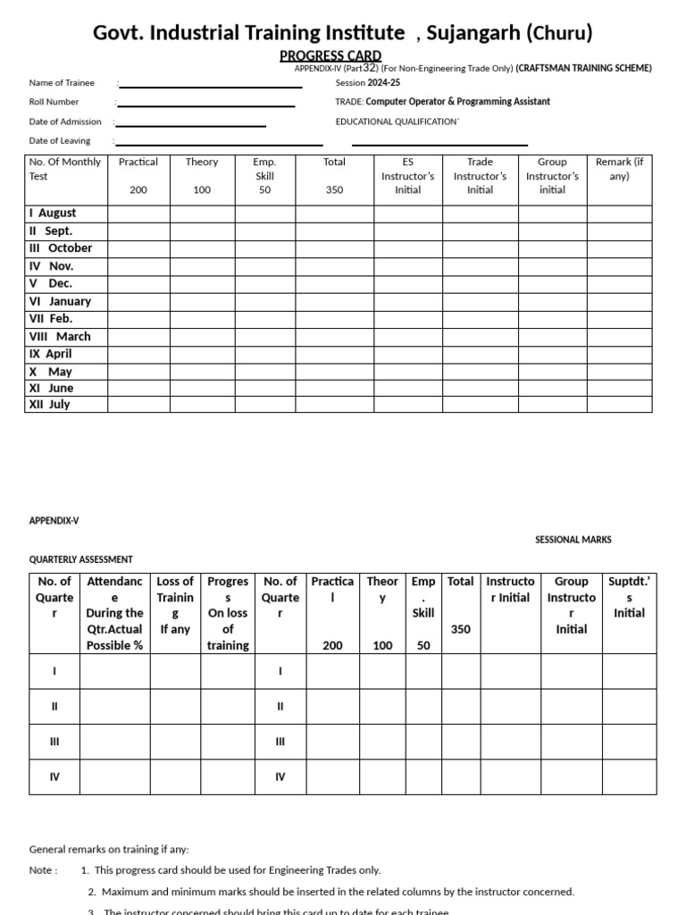 ITI Progress Card Format for Trainees | PDF