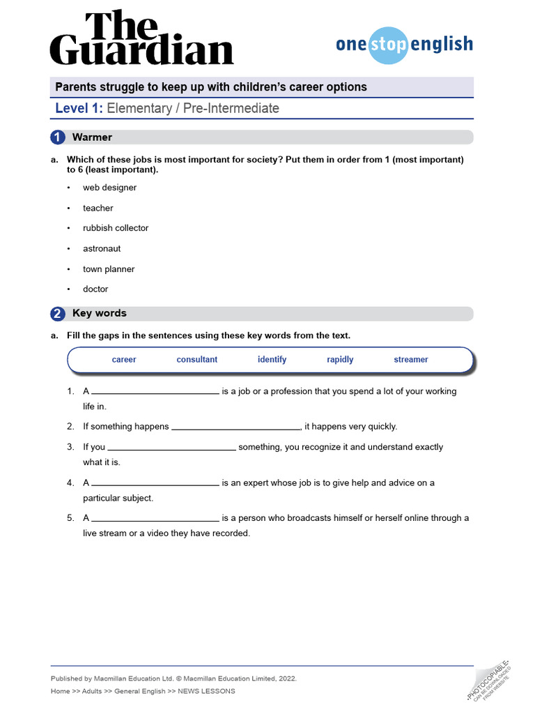 Parents & Children's Careers - Elementary | PDF | Reading Comprehension ...