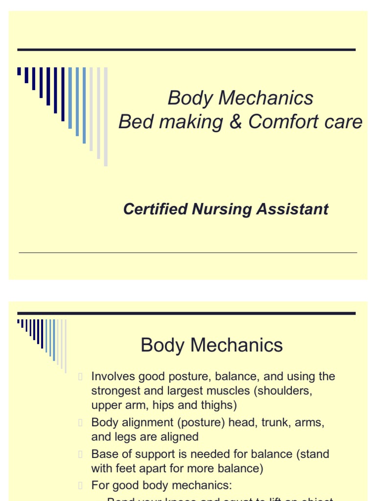 CNA Body Mechanics Bed Making Comfort Care PDF Oral Hygiene Hygiene