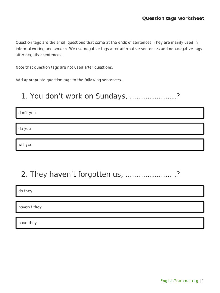 Question Tags Worksheet for Practice | PDF | Question | Linguistic ...