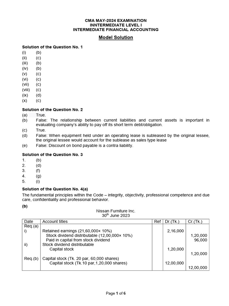FR222. IFA (IL-I) Solution CMA May-2024 Exam. | PDF | Expense | Equity ...
