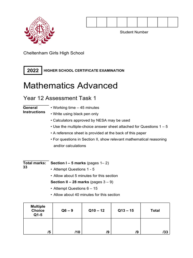 2022 HSC Advanced Maths Assessment | PDF | Mathematics
