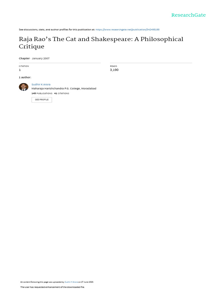 Raja Raos The Catand Shakespeare APhilosophical Critiqueby Sudhir ...