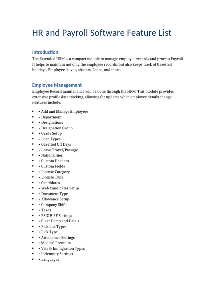 Hr Payroll Software Features Pdf Payroll Paycheck