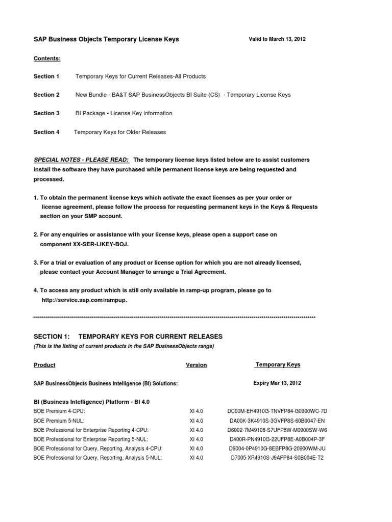Temporary Keys & Information 20122011 Sap Se Business Intelligence