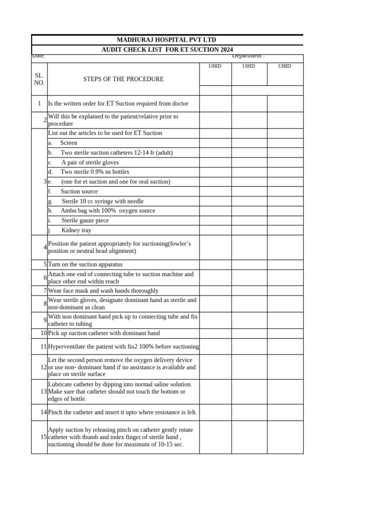 ET SUCTION AUDIT | PDF | Saline (Medicine) | Medical Equipment