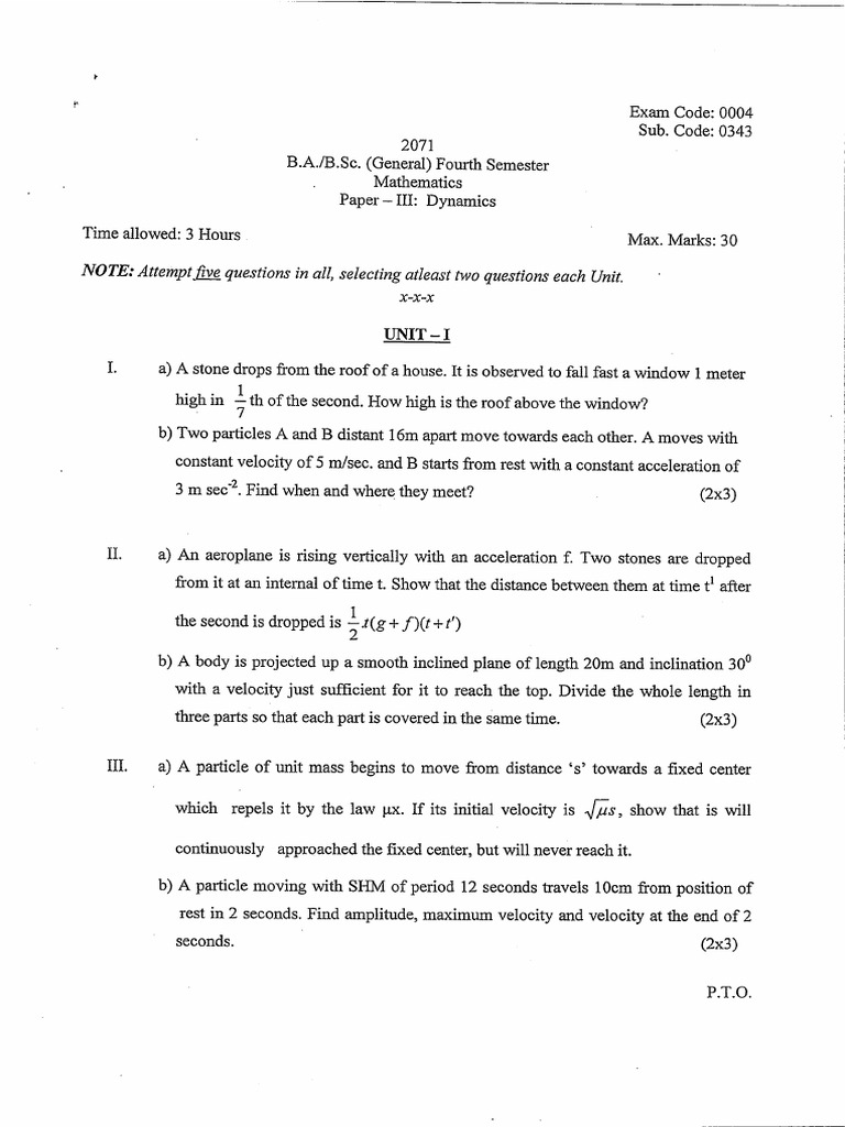 B.A. B.sc. (General) 4th Sem Mathematics Paper-III Dynamics July 2021 | PDF