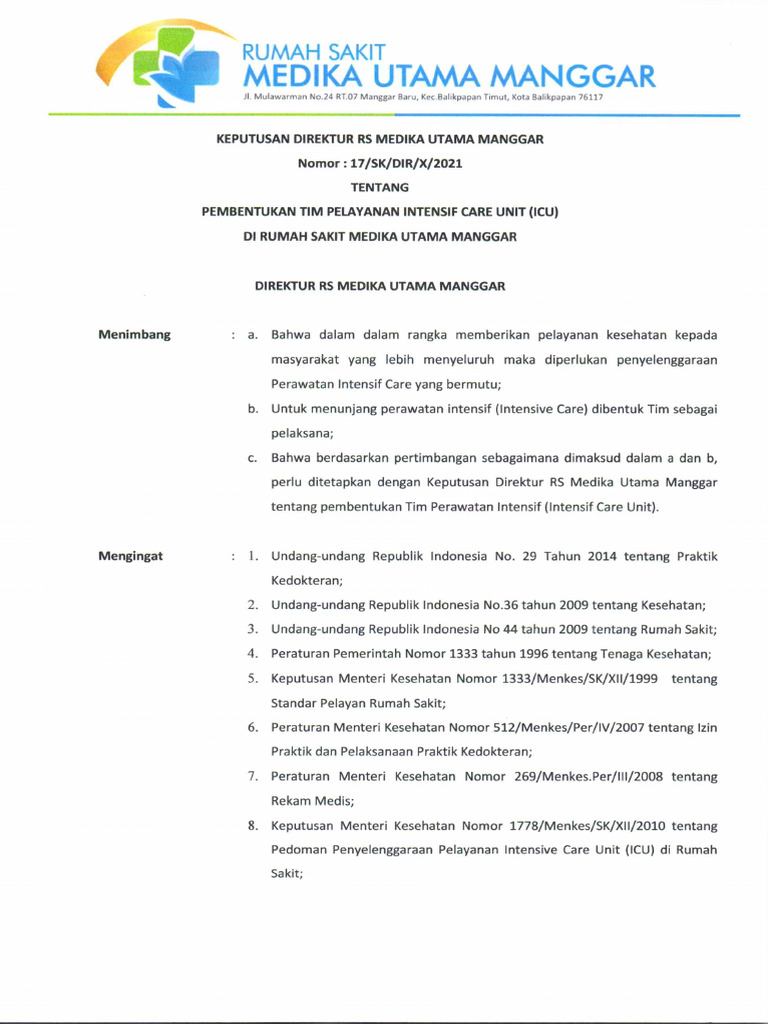 Pembentukan Tim ICU RS Medika Utama | PDF