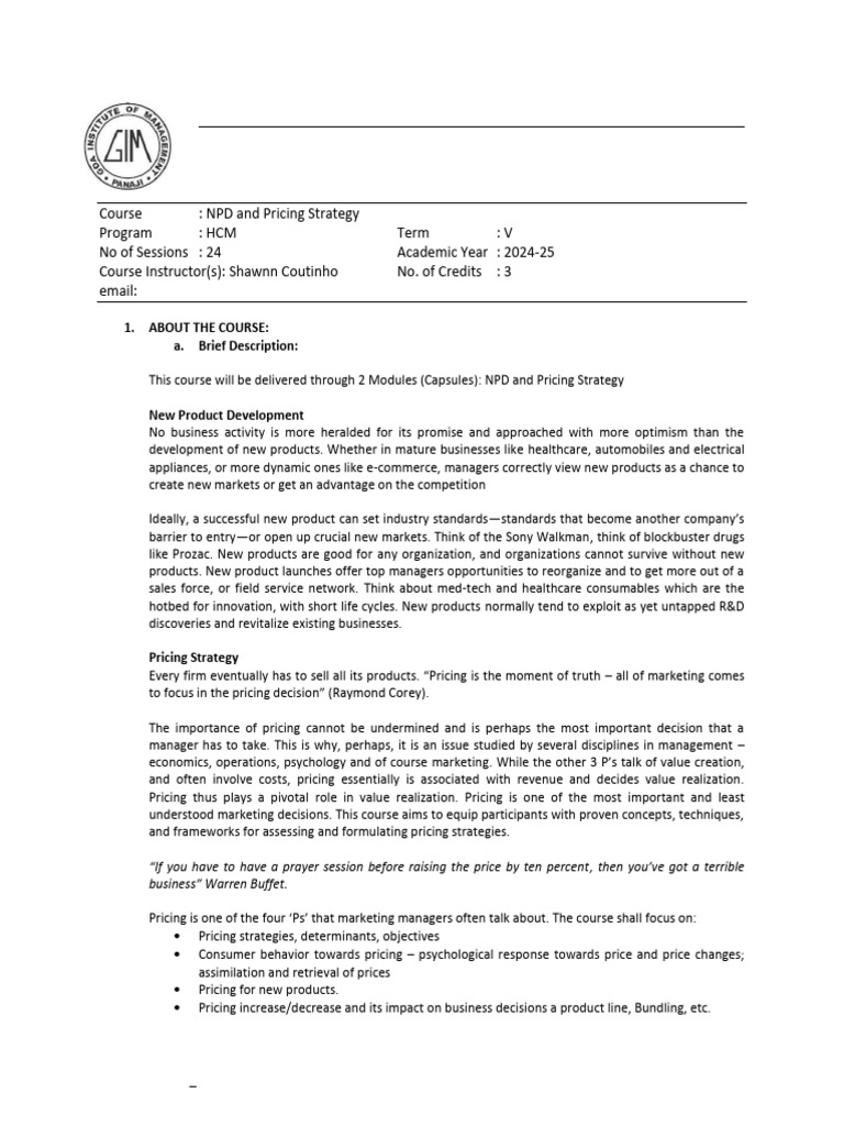 Course Outline Format (003) - NPDPS 2024 | PDF | Pricing | New Product ...