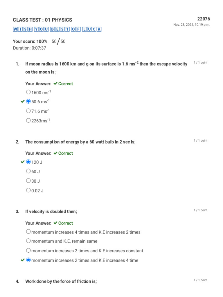 Class Test - 01 Physics | PDF | Force | Momentum