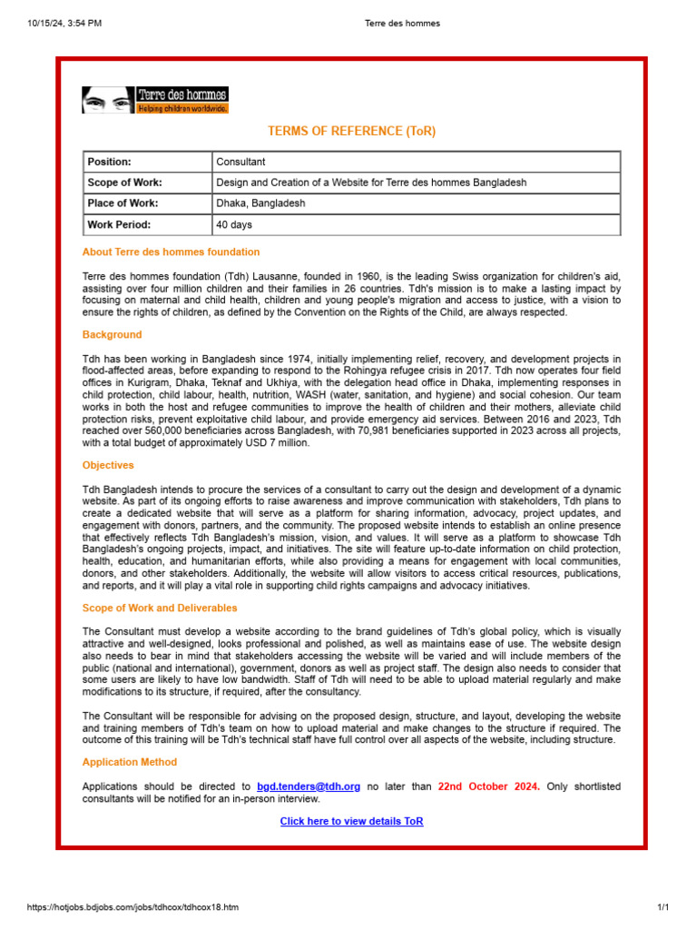 Terms of Reference (Tor) : Position: Scope of Work: Place of Work: Work ...