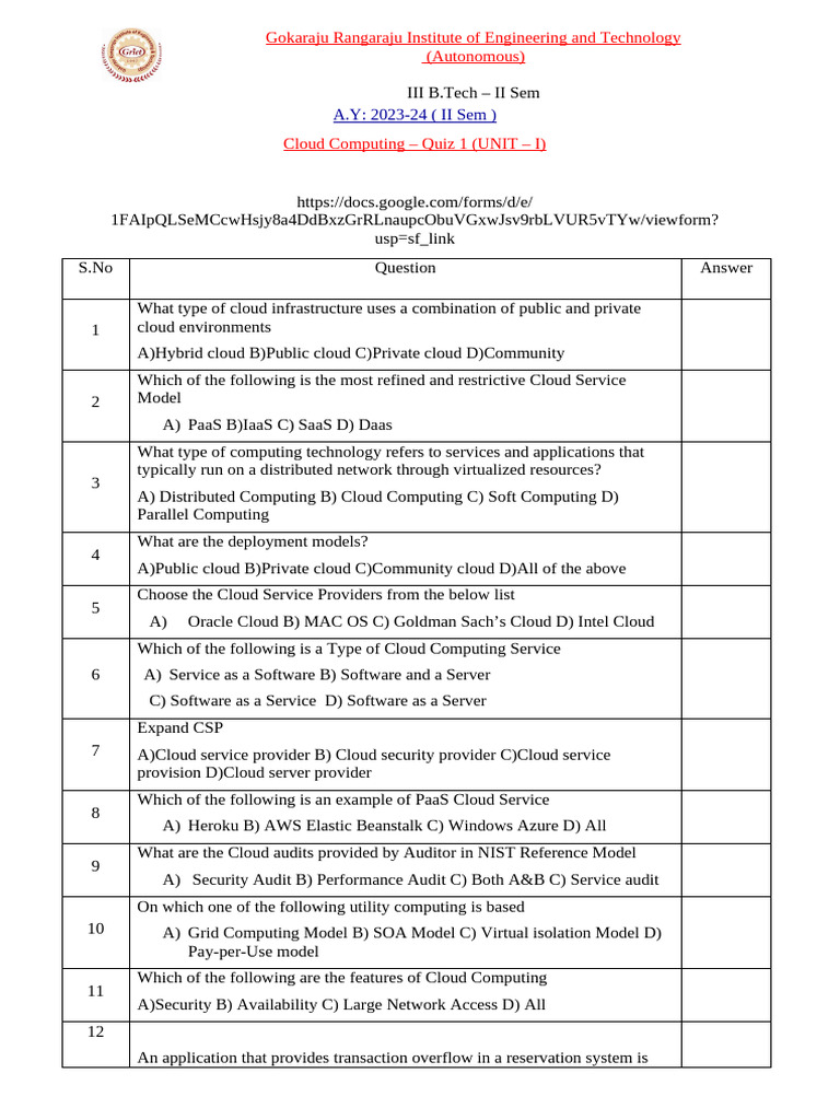 Cloud Computing Quiz 1: Key Concepts | PDF | Cloud Computing | Computing