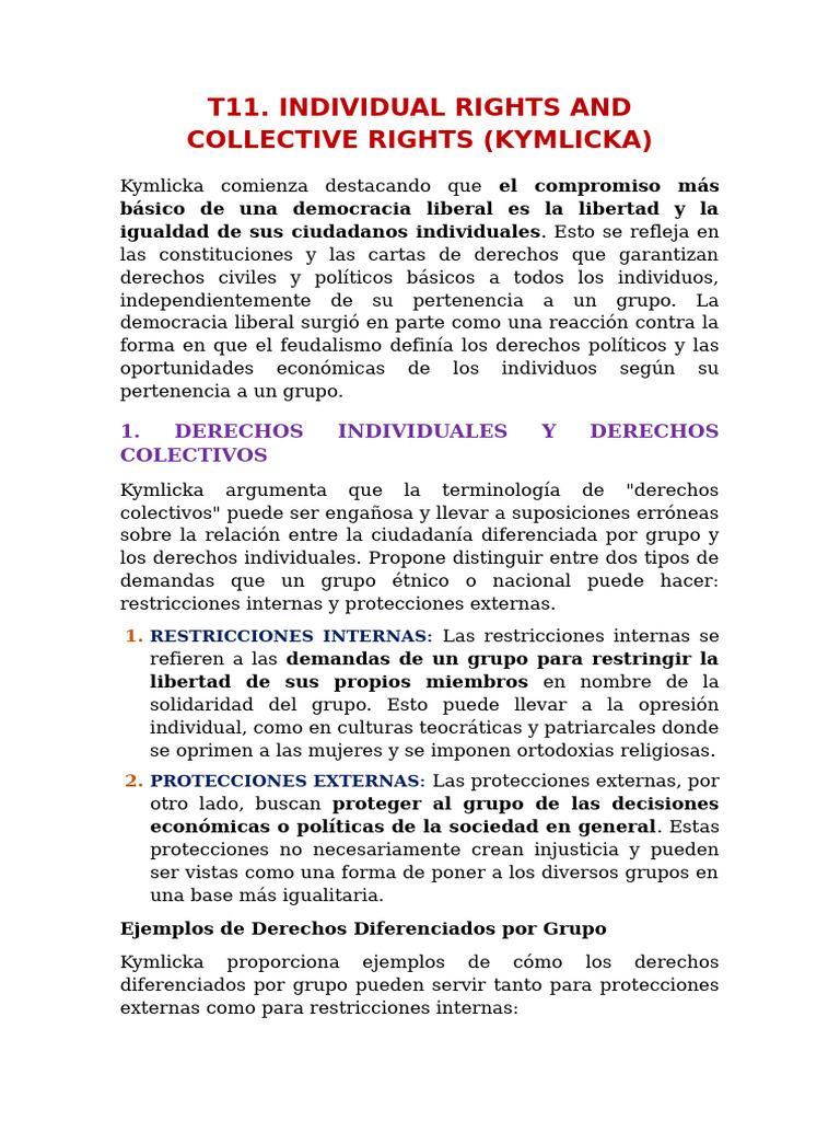 T11. Individual Rights and Collective Rights (Kymlicka) | PDF ...