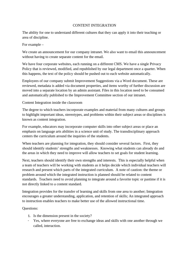 CONTENT INTEGRATION (Study Guide) | PDF | Teachers | Curriculum