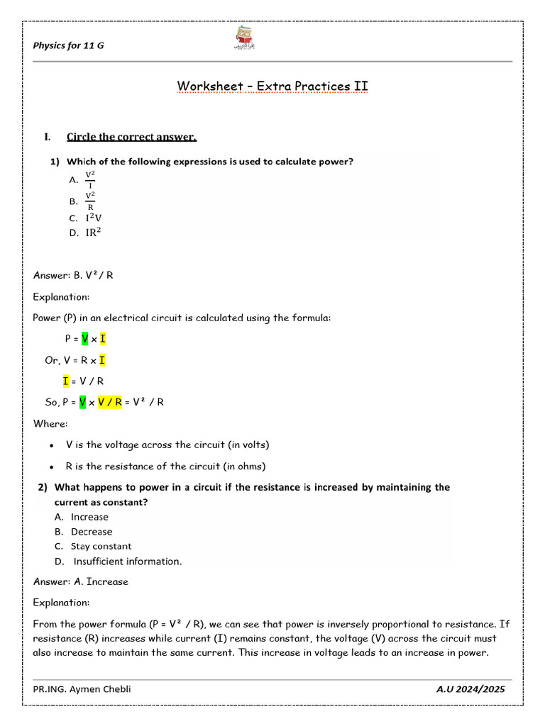 Physics Power Calculations Worksheet | PDF | Electrical Resistance And ...