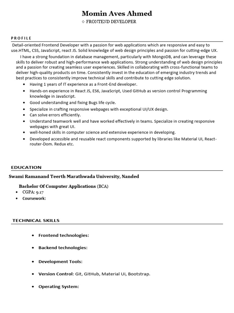 Frontend Developer Profile: Momin Aves | PDF | Web Design | Java Script