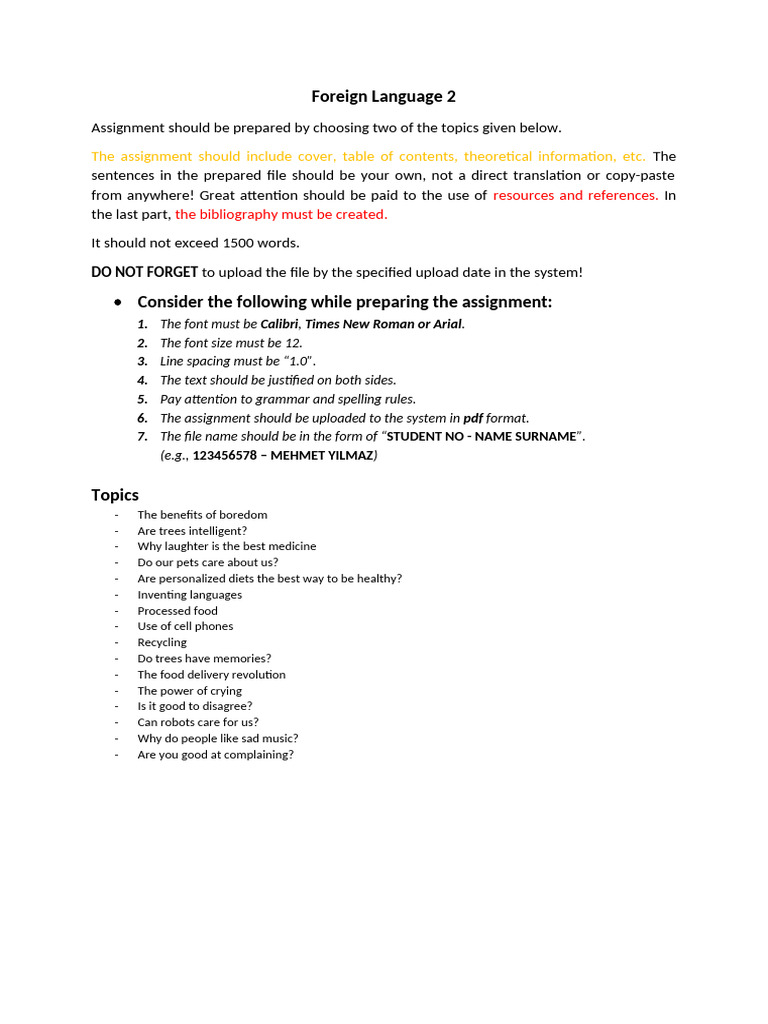 Foreign Language 2 - Assignment Kopyası | PDF