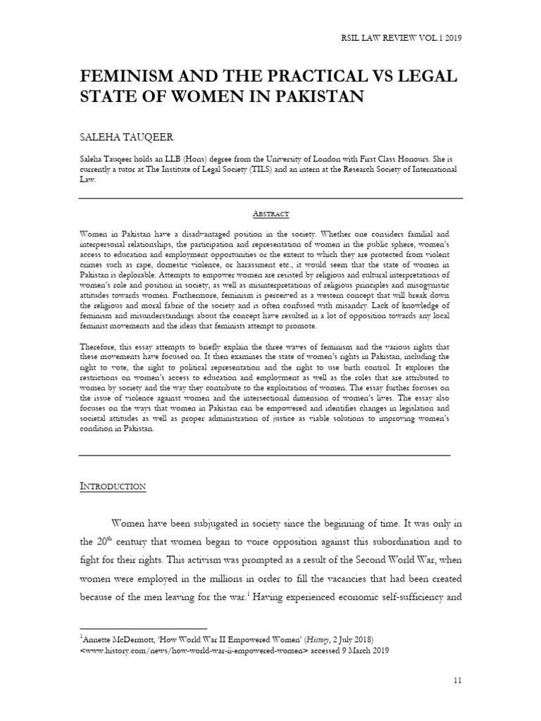 Feminism and The Practical Vs Legal State of Women in Pakistan | PDF ...