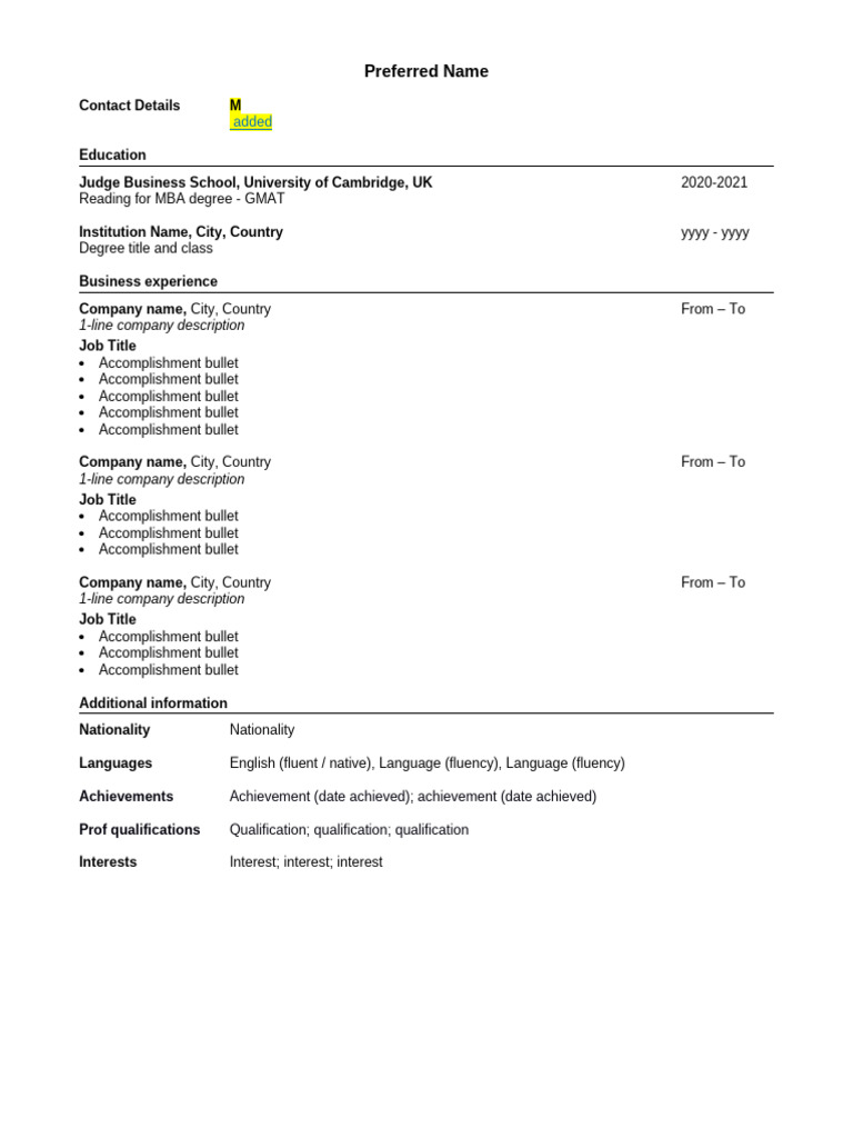 Cambridge MBA CV Template Guide | PDF
