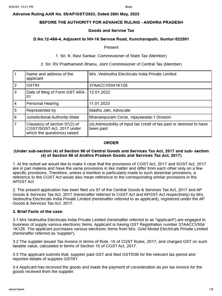GST Advance Ruling on Input Tax Credit | PDF | Value Added Tax | Invoice