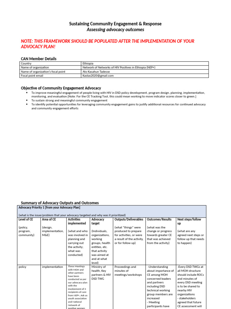 Sustaining Community Engagement & Response Assessing Advocacy Outcomes ...