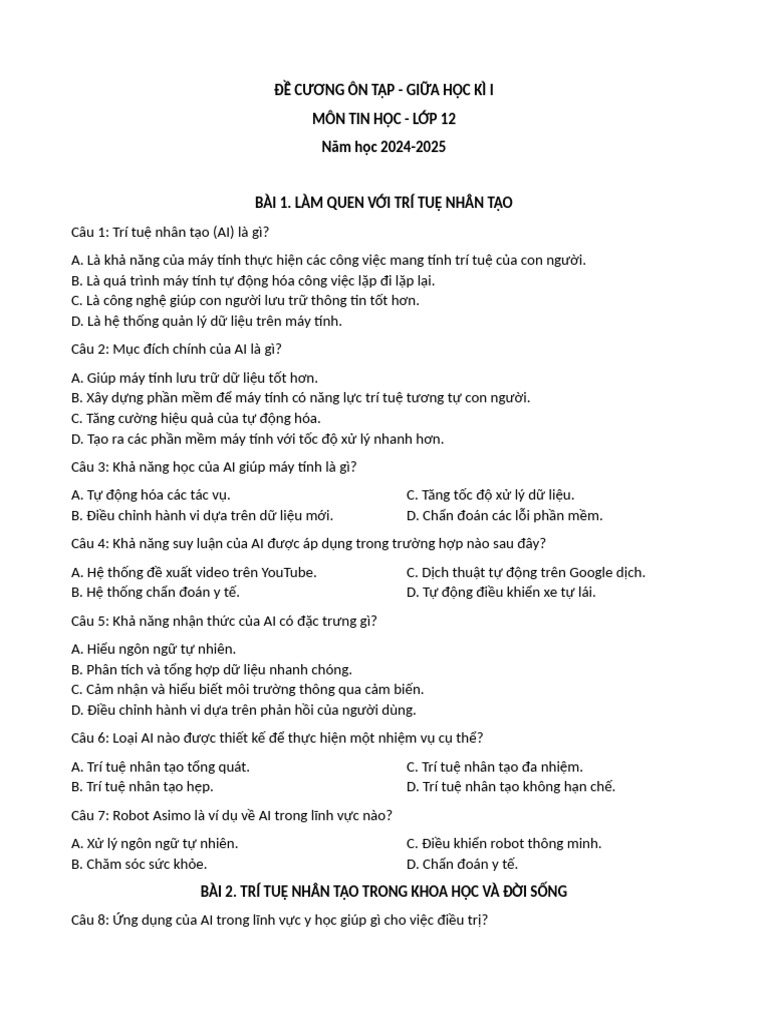 ĐỀ CƯƠNG TIN 12 (HS) | PDF