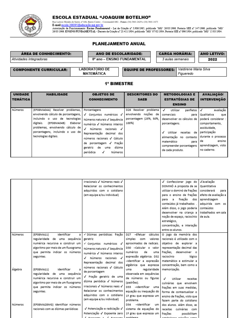 Planejamento Anual de Matemática 8º Ano | PDF | Equações | Triângulo