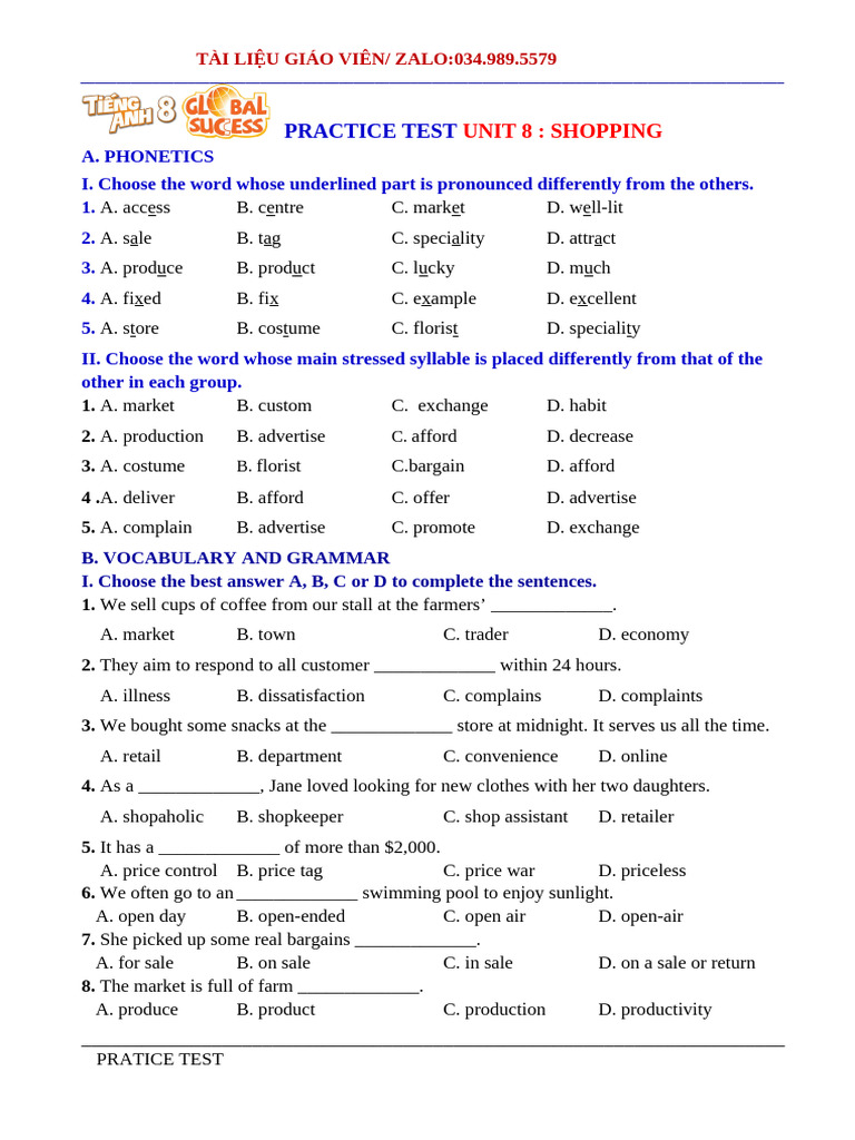 Practice Test Unit 8 | PDF | Retailing
