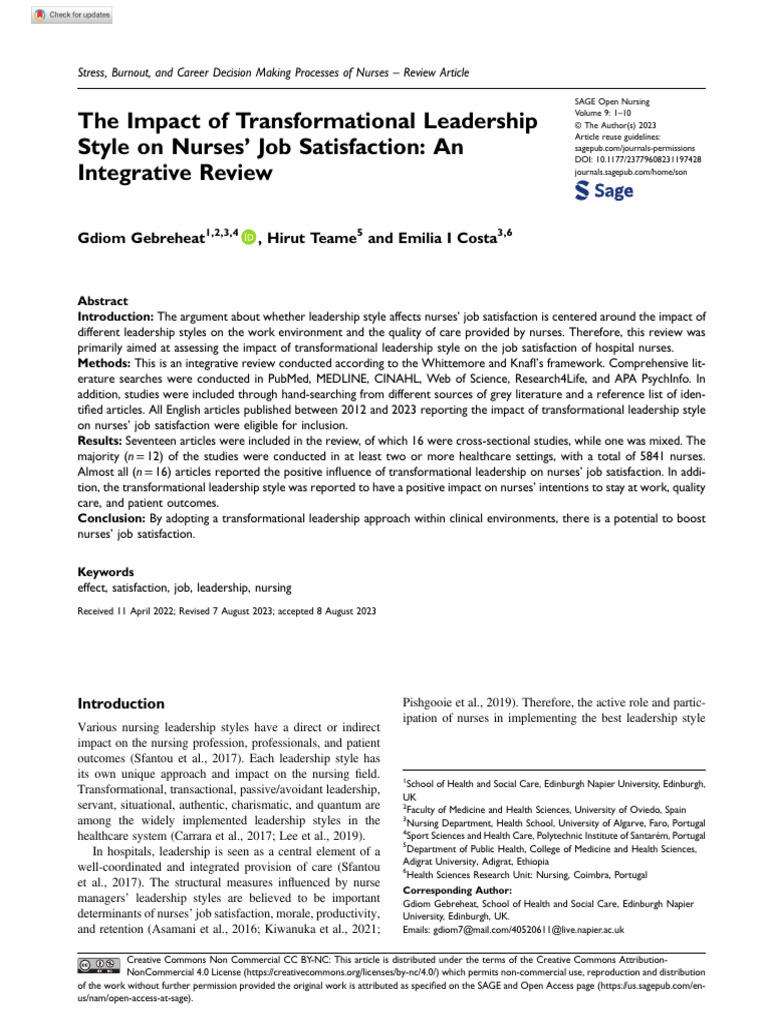 Gebreheat Et Al 2023 The Impact of Transformational Leadership Style On ...