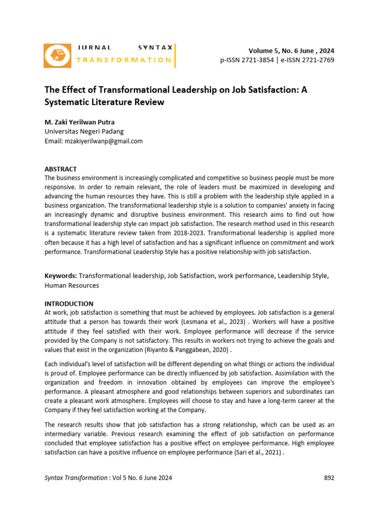 The Effect of Transformational Leadership On Job S | PDF ...