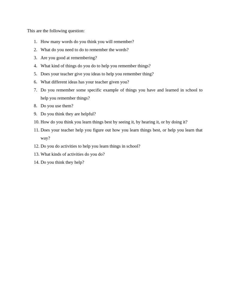 Memory and Reading Comprehension Questions | PDF