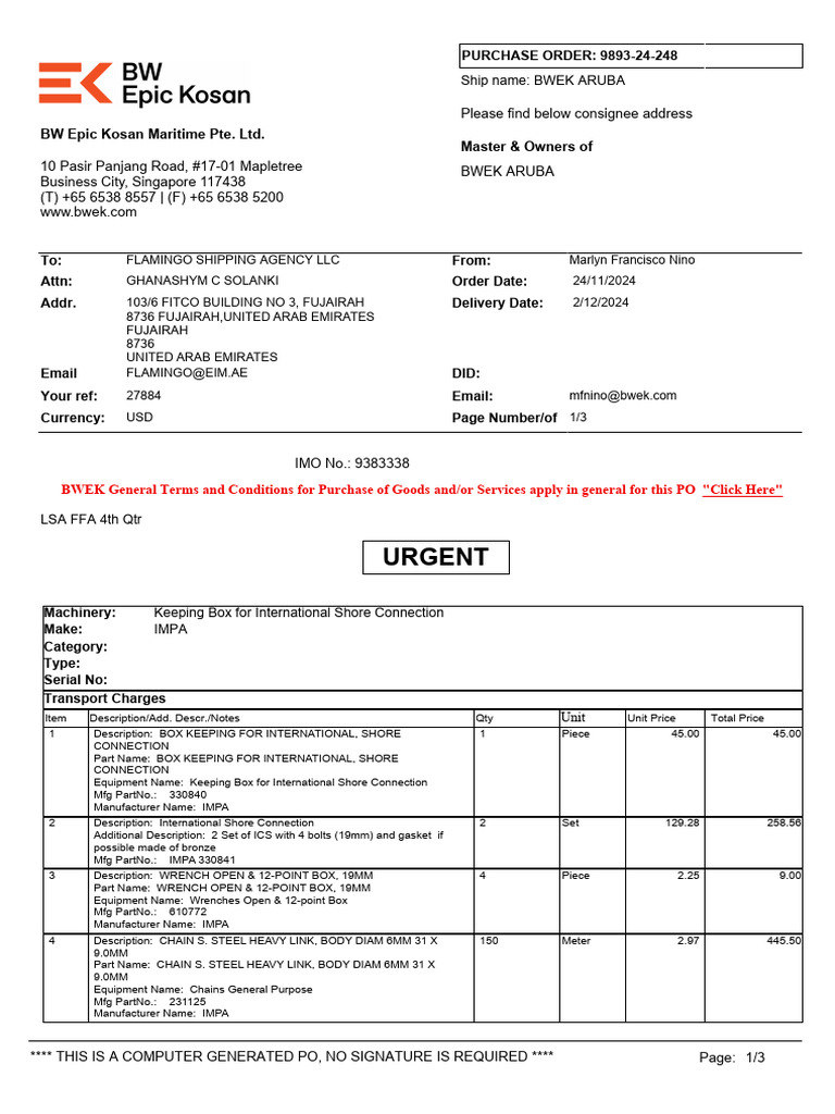 Urgent: BW Epic Kosan Maritime Pte. Ltd. Master & Owners of | PDF | Invoice