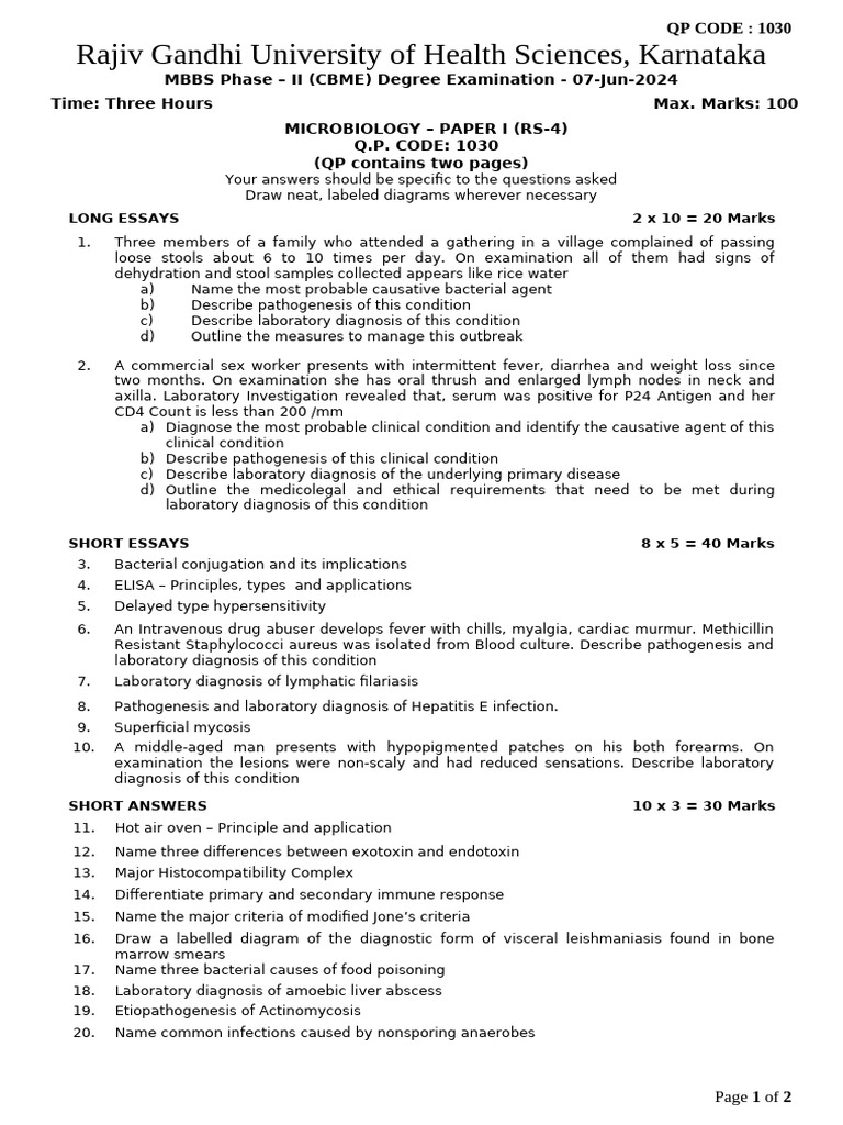 Microbiology Exam Paper - MBBS Phase II | PDF | Bacteria | Pneumonia