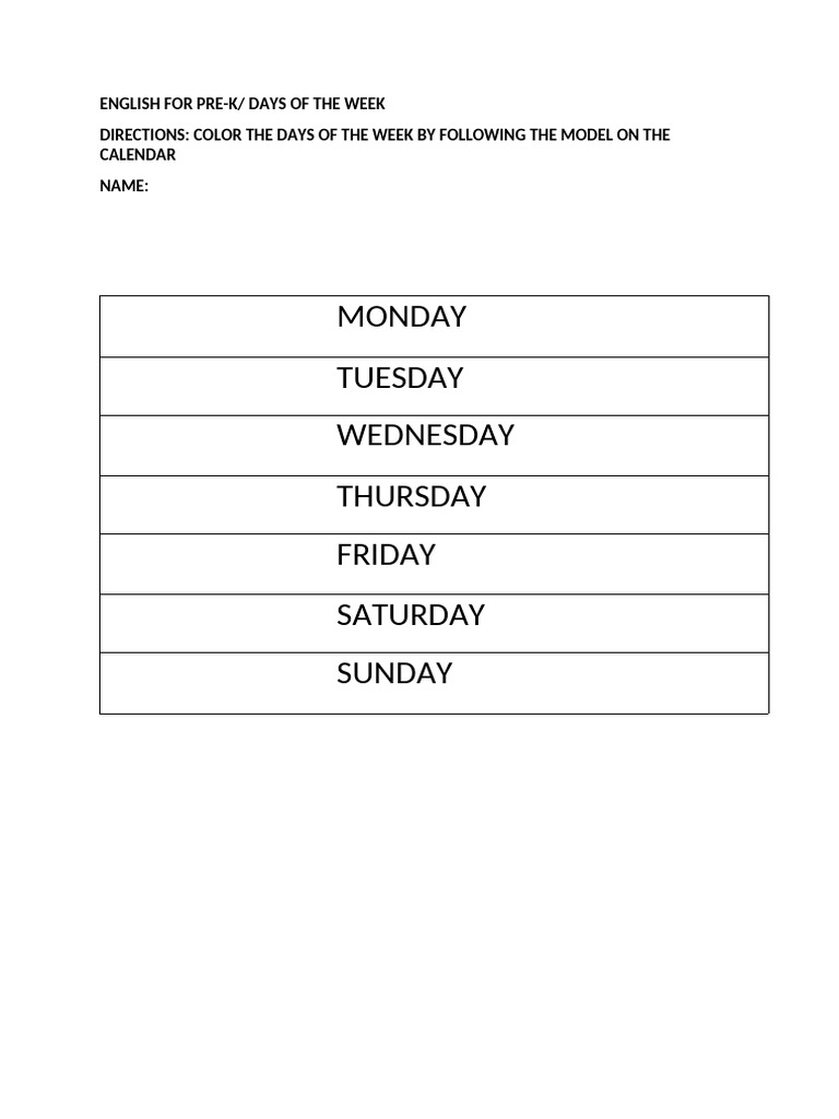 Days of The Week Worksheet For Kindergarten | PDF