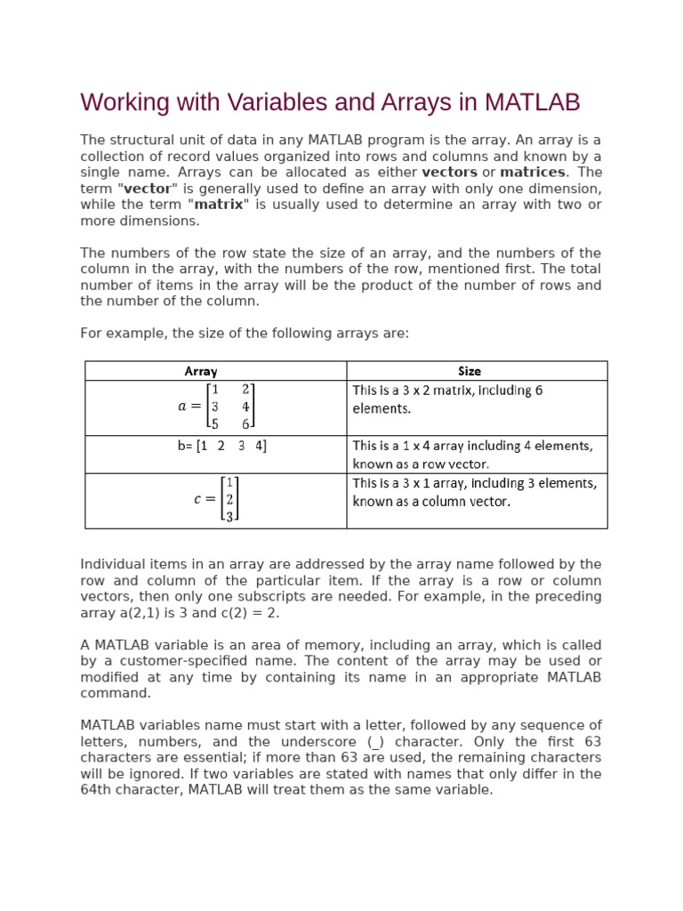 Matlab - Tutor2 - Variables and Arrays | PDF | Matrix (Mathematics ...