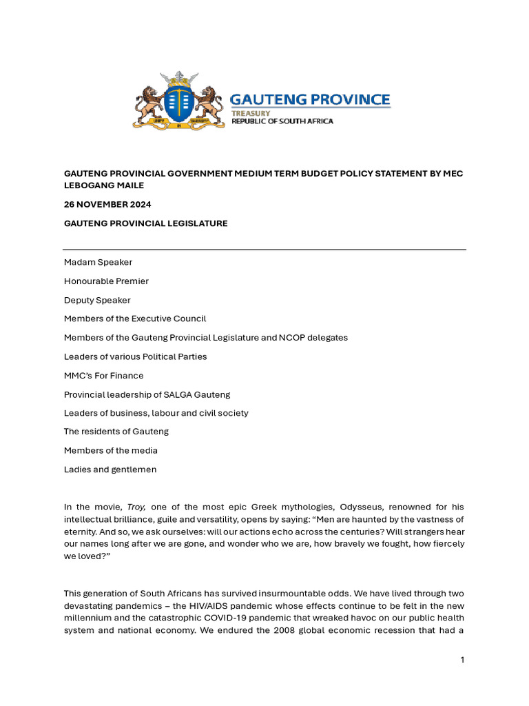 2024 Gauteng MTBPS Speech PDF Cost Of Living Inflation