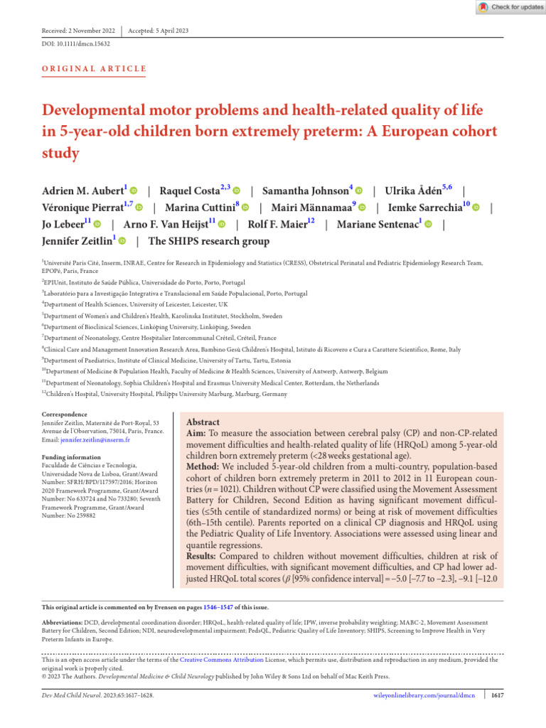 Motor Issues and Quality of Life in Preterm Kids | PDF | Behavioural ...