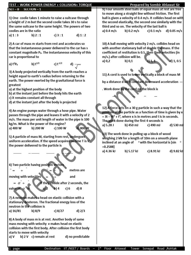 Work+ Power+ Energy + Collision+ Torque Set - B | PDF | Force | Momentum
