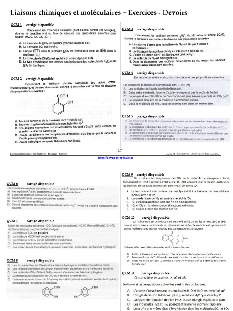 Exercices sur les liaisons chimiques | PDF